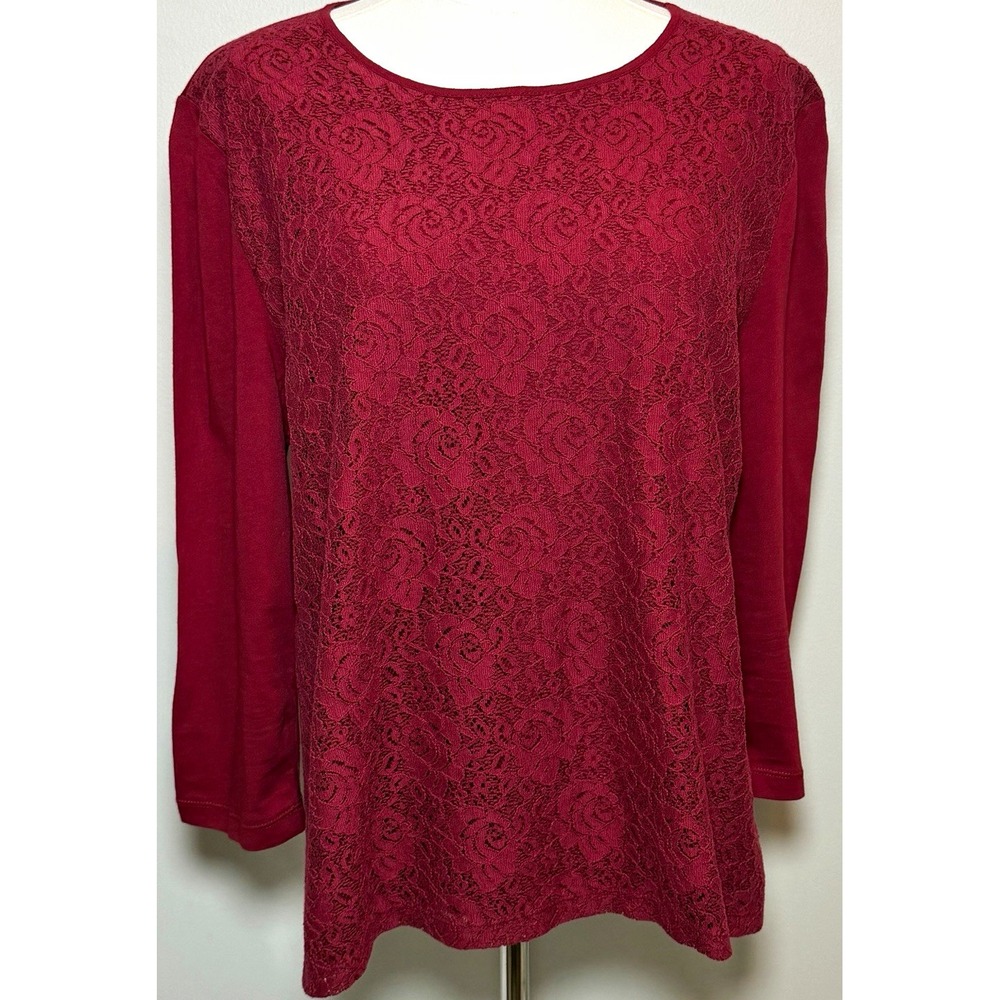 Chaps Denim Red Floral Lace Front Round Neck Long Sleeve Top Women XL